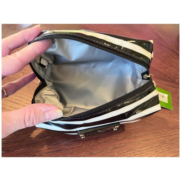 New Kate Spade Patent Leila Stripe Black and White Cosmetic Bag, 7” - Picture 7 of 8